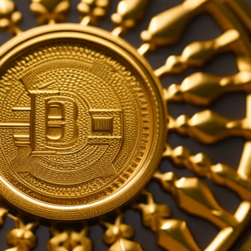 -up of a hand holding a golden-colored token, relief of a blockchain-style pattern visible on its surface