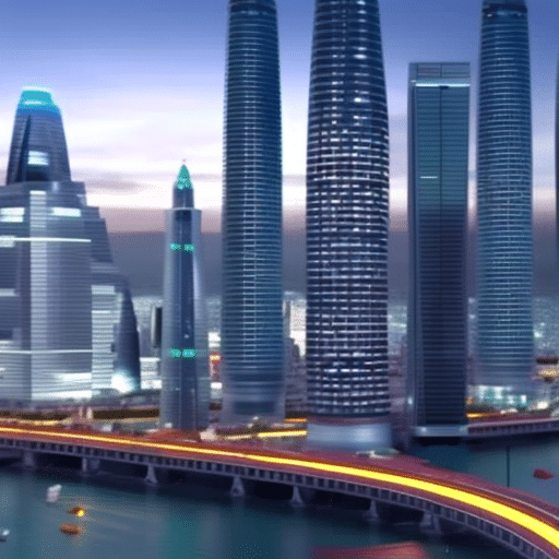 3D animation of a futuristic cityscape with flashing lights, futuristic buildings, and people moving in nano seconds