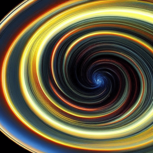 Ract illustration of a swirling vortex of energy in multiple muted colors, with tiny particles of light and data streaming in and out in all directions