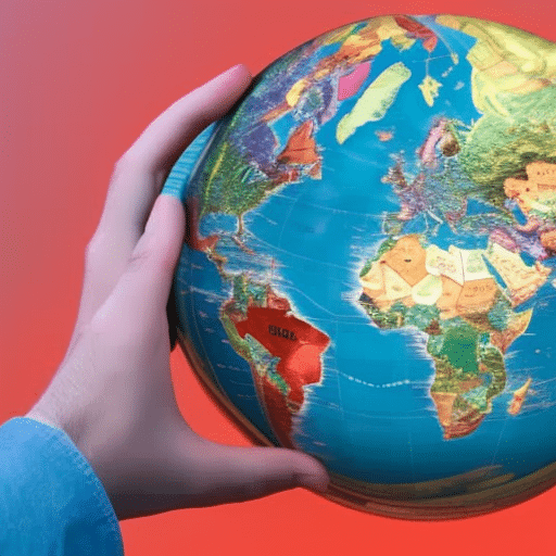 Up of two hands holding a globe with a colorful, abstract map of digital parcels covering its surface
