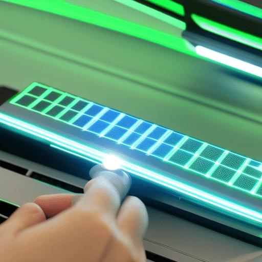 -up of hands holding a Ledger Nano S, illuminated by a bright blue light, with a dotted line between the device and a laptop displaying a glowing green checkmark