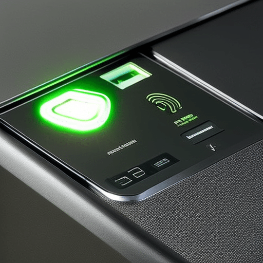 metal box with a singular green blinking light, a USB port, and a fingerprint scanner on the front