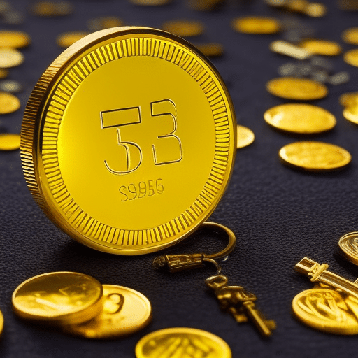 Yellow background with a close-up of the Ledger Nano S device, surrounded by gold coins, keys, and a lock, symbolizing its secure authenticity