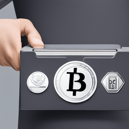 Stration of a person's hand holding a silver crypto hardware wallet with a large sticker of a sale percentage on it