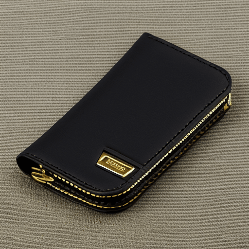 -up of a sleek, black ledger wallet with a gold zipper, contrasting against a white background