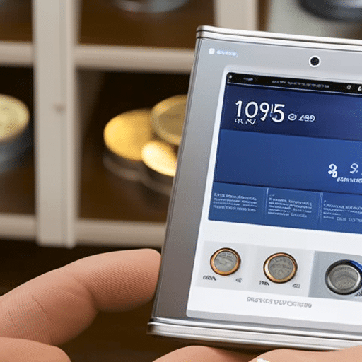 E of a person looking at a Ledger Nano S with a diverse array of coins, all displayed on the device's screen