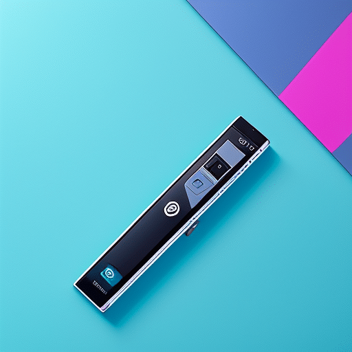 -up of a Ledger Nano S, brightly lit, with a vibrant turquoise blue background, a Polkadot logo on the device's screen