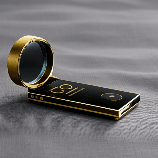 N-colored ledger nano S placed atop a ripple-patterned background with a magnifying glass hovering above it