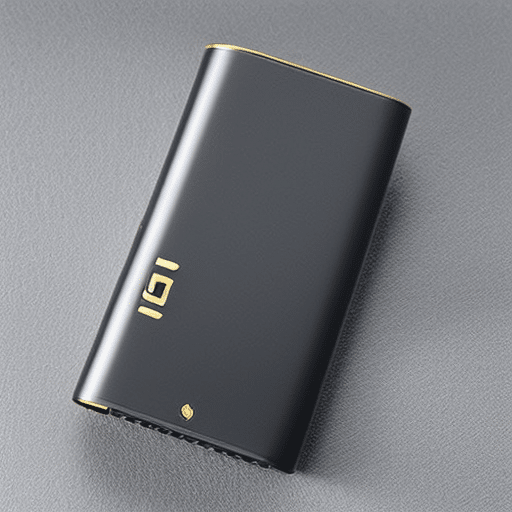 -up of a gray and black Ledger Nano S Stellar wallet, with a golden Stellar logo reflecting the light