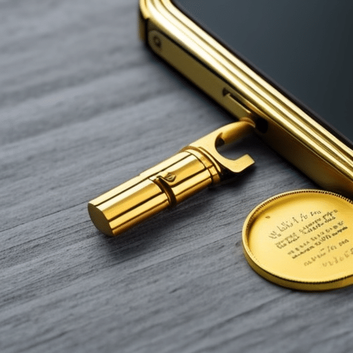 Holding a gold-colored ledger device with a key pressed against the reader
