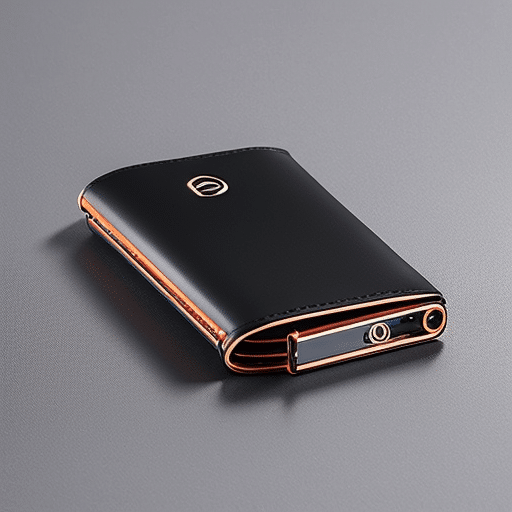 -up of a sleek black Ledger Nano S wallet with intricate details of its advanced features highlighted in vibrant colors