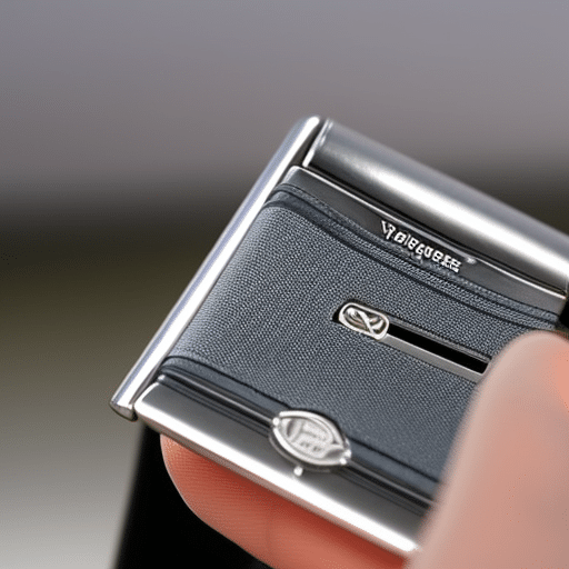 -up of a hand holding a silver Ledger Nano S wallet, with a look of admiration on the user's face