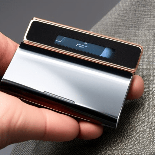 N looking at a shiny, metallic, Ledger Nano S wallet, with a hand hovering over it, ready to purchase