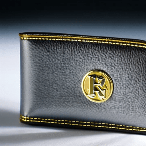 -up of a silver, metallic wallet with a black screen and a gold button, surrounded by a thin white border