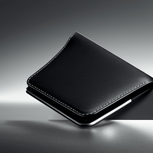E of a sleek black wallet, closed shut, sitting atop a silver metal surface with a stylized “S” in the background