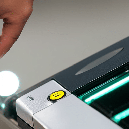 -up of a hand pressing the button to update a Ledger Nano S, with sparks of electricity radiating from the device