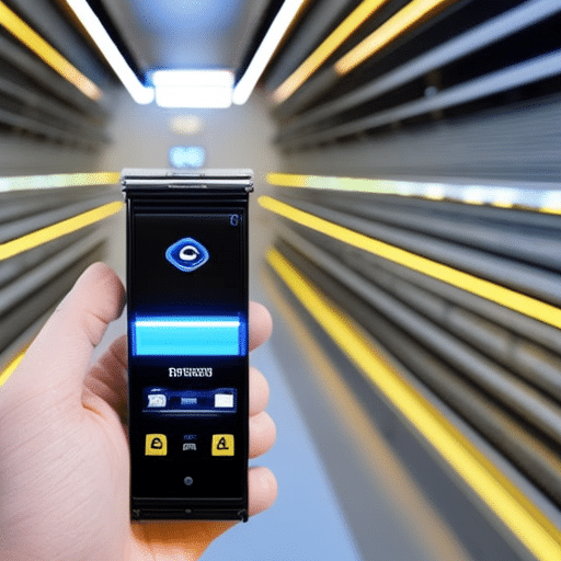 N holding a Ledger Nano S in their hand, with bright yellow and blue light emanating from the device