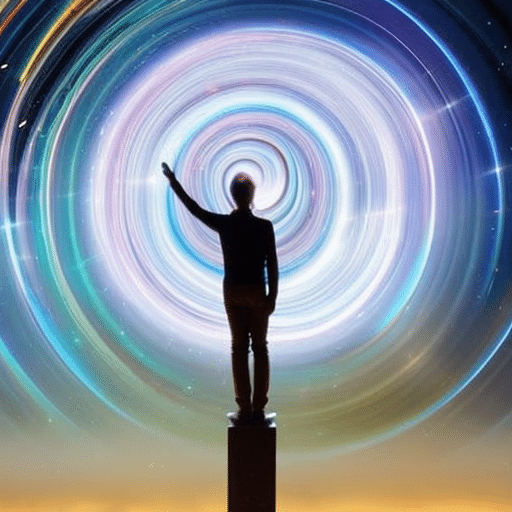 E standing on a platform, with a single finger pointing up, surrounded by a swirl of vibrant colors and particles, representing the infinite possibilities of nano-second time