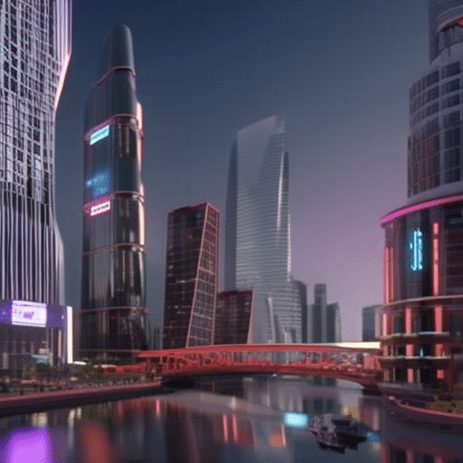 An image of a futuristic cityscape with holographic skyscrapers, virtual street markets, and people interacting in an immersive virtual reality