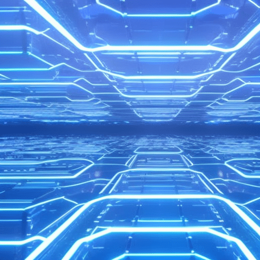 Istic cyber landscape of interconnected nodes and pathways, illuminated by a bright, neon blue light