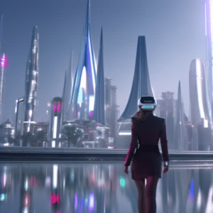 N walking in a futuristic city wearing a virtual reality headset, surrounded by holographic fashion models