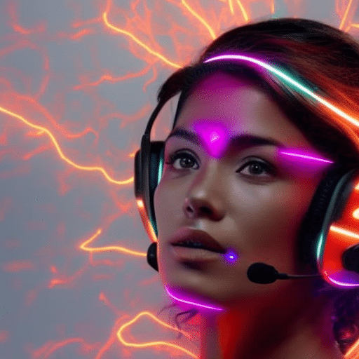 An image of a person wearing a headset with vibrant, swirling digital visuals surrounding them