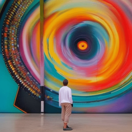E of a person standing in front of a large, colorful, abstract painting with a spray can in their hand, creating their own unique piece of art