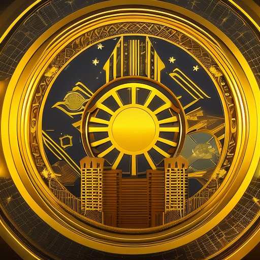 Ract illustration of a digital coin, with a golden light radiating from its center, surrounded by futuristic symbols of potential and progress