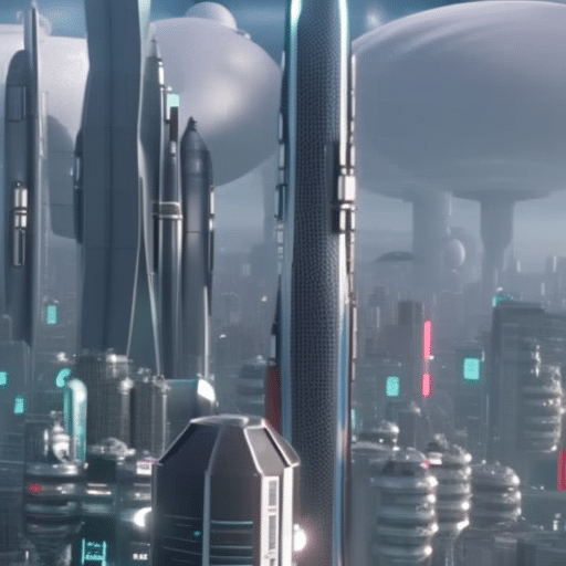 Tech futuristic cityscape with people wearing VR goggles, flying nanobots, and a digital sphere in the center of the scene