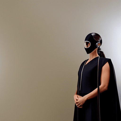 una persona con una máscara tecnológica abstracta, que se entrelaza con una tela futurista