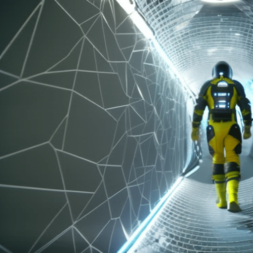 E in a futuristic space-suit, navigating through a network of vibrant, interconnected virtual reality portals