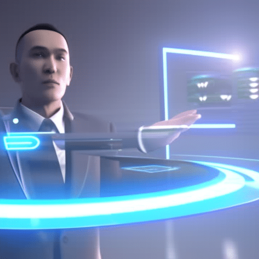 Ndering of a person confidently navigating a virtual world of business opportunities, with a glowing, futuristic nano-second timer in the background