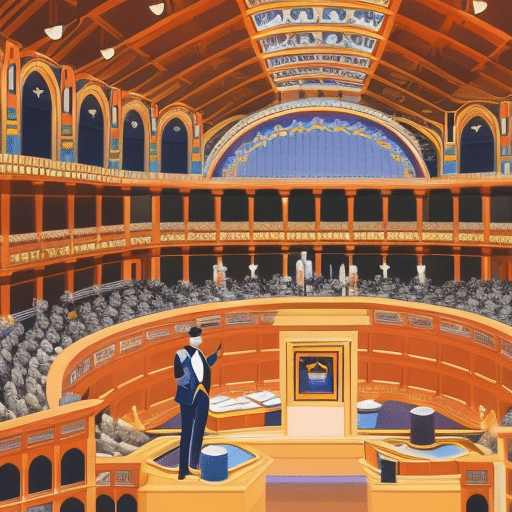 Ful illustration of an auction house, showcasing a variety of NFTs, with a person in the foreground happily placing a bid
