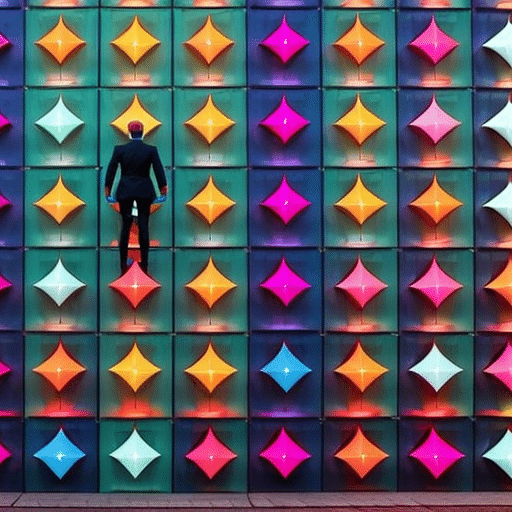 Ract image of a person standing in front of a wall of colorful, geometric shapes, each representing different NFT marketing ideas