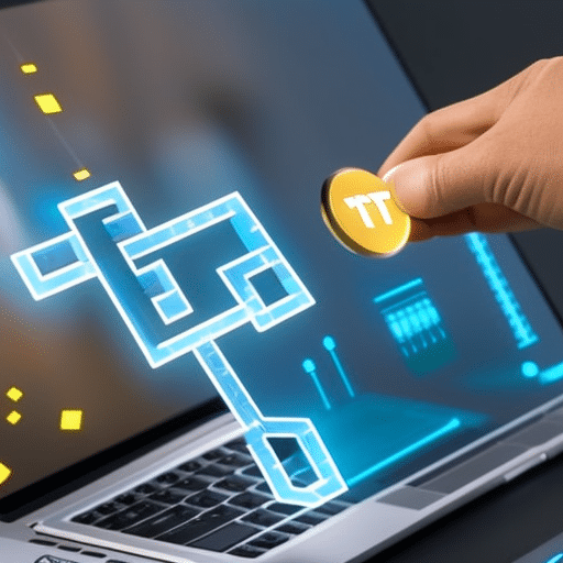 -up of a laptop with a graphical representation of a blockchain structure in the background, a hand hovering over the mouse with the pointer hovering over a button labeled "NFT Sales"