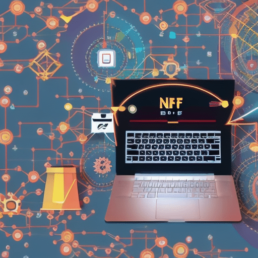 Stration of a person in front of a laptop, with an array of colorful digital items around them, creating an NFT