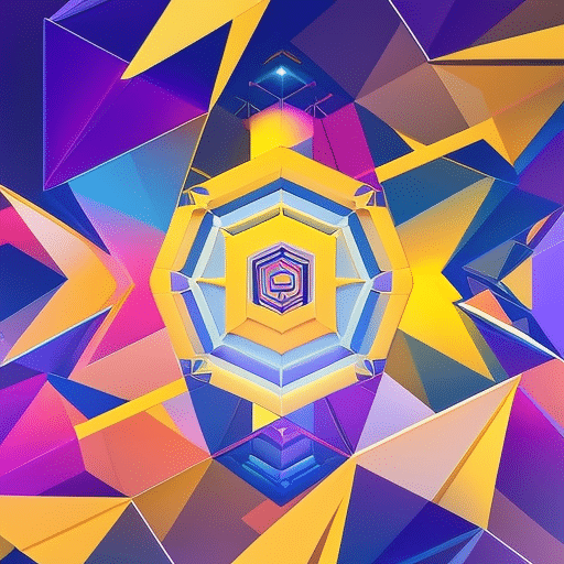 T art made up of geometric shapes in vibrant yellow, blue, and purple, showing the interconnectedness of NFTs, Binance Smart Chain, and Metamask
