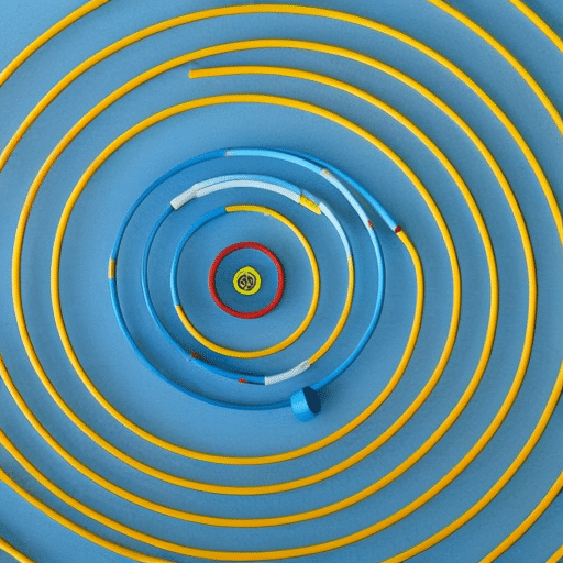 Y-colored sports equipment arranged in a spiral pattern on a blue background