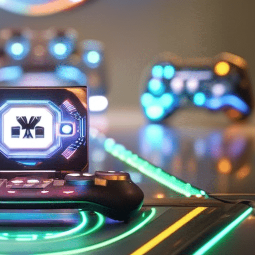 E of a gaming controller in the shape of an NFT, with a holographic gaming character on the screen