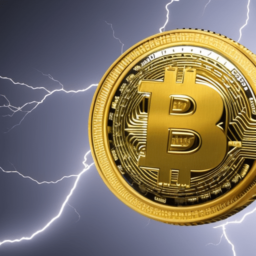 Ic of a gold Bitcoin coin with a computer chip in the center, surrounded by a globe and lightning bolts of energy