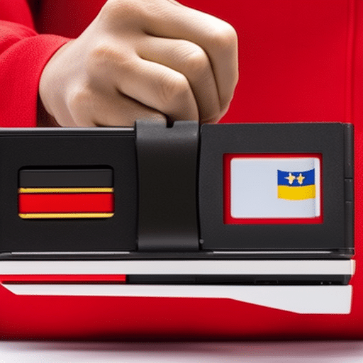-up of a person's hands holding a red and black Ledger Nano S, with a Spanish flag in the background