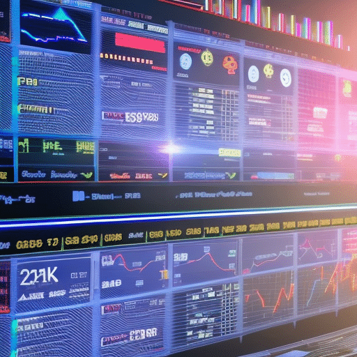 Ract image of a cryptocurrency trading platform with bright colors, a complex array of lines and symbols, and a distinct 3D feel