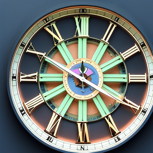 Ract image of a clock, the hands of which are spinning rapidly, with a pastel spectrum of colors radiating from it