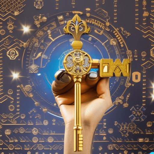 An image of a hand holding a golden key over a diamond-encrusted NFT, with a background of abstract tech symbols