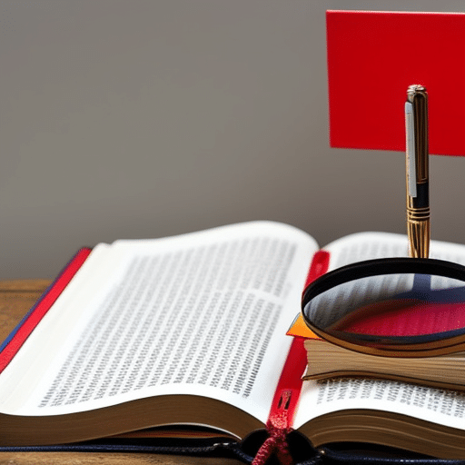 notebook with a red pen sitting atop a stack of Spanish-language books, with a magnifying glass focused on the top book