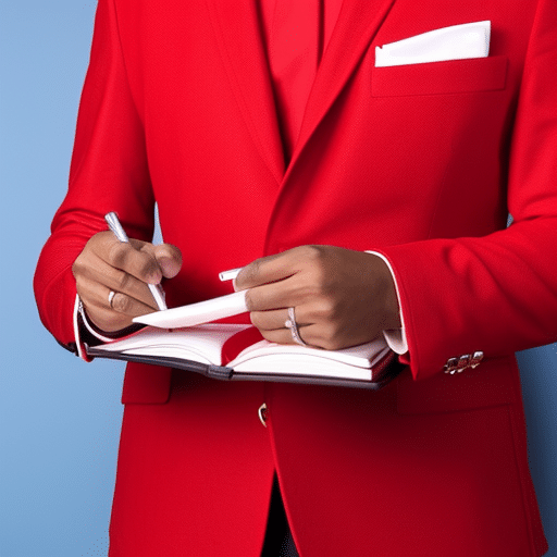 N in a red suit holding a red pen, writing in a red notebook with a red background