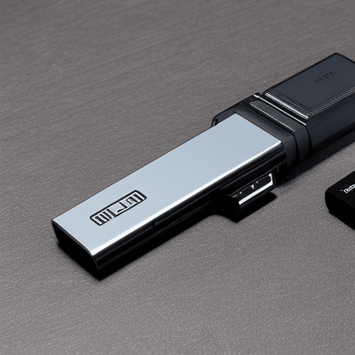 -up of a hand holding a Ledger Nano S, with a USB drive in the background, a few steps away from the device