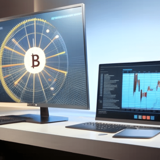 E of a person sitting behind a computer, sweating, with a graph of a cryptocurrency's price movements on the screen, the graph showing a sudden sharp drop