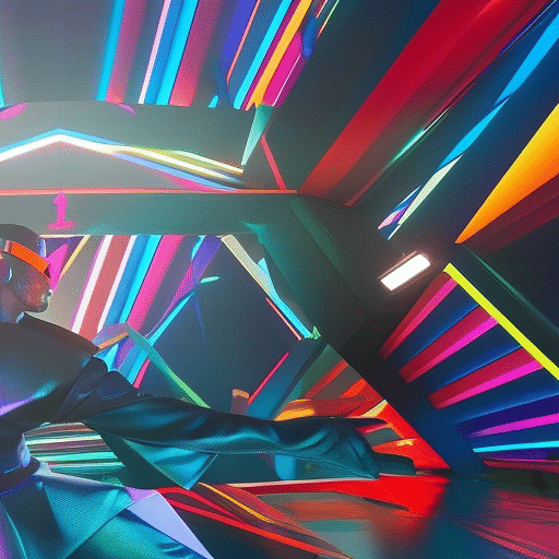 Ze a person in virtual reality, hands outstretched and surrounded by a vibrant mix of colors and geometric shapes, exploring the limitless possibilities of the metaverse