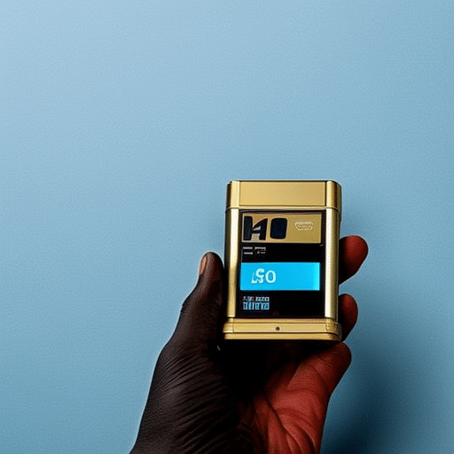 N holding a gold-colored Ledger Nano S device, finger poised on the authentication button, with a stark blue background and a sense of urgency